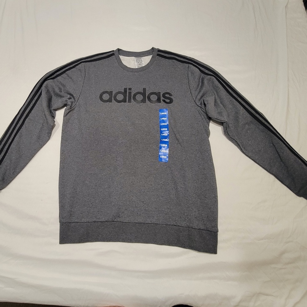 New ! Adidas Essential Mens Dark & Gray Black Striped Crew Neck Sweater - Large